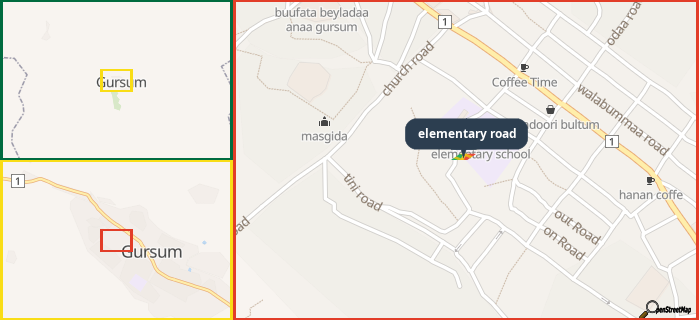 Map showing the address of elementary road in three different zoom levels.