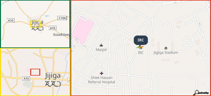 Map showing the address of IRC in three different zoom levels.