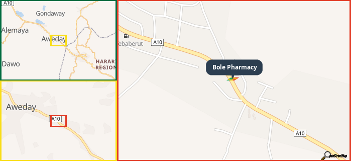 Map showing the address of Bole Pharmacy in three different zoom levels.