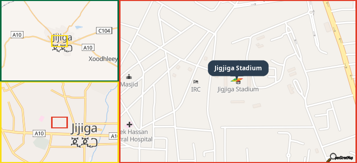 Map showing the address of Jigjiga Stadium in three different zoom levels.