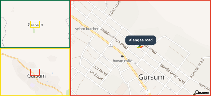 Map showing the address of alangaa road in three different zoom levels.