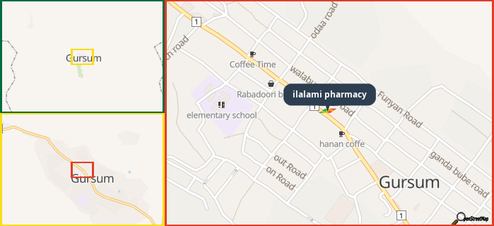 Map showing the address of ilalami pharmacy in three different zoom levels.