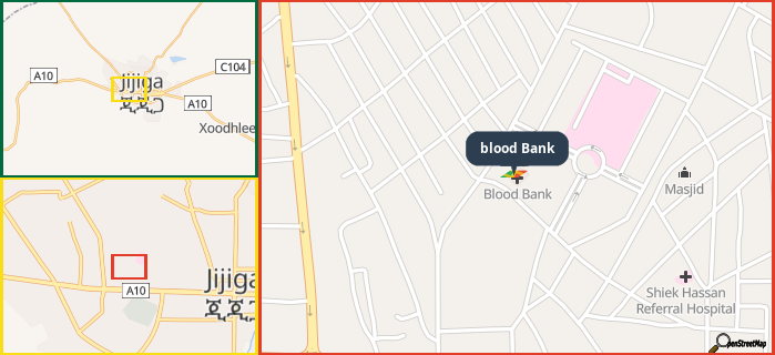 Map showing the address of blood Bank in three different zoom levels.