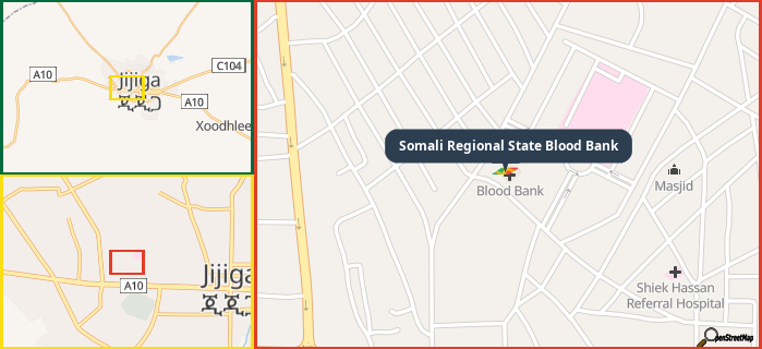 Map showing the address of Somali Regional State Blood Bank in three different zoom levels.