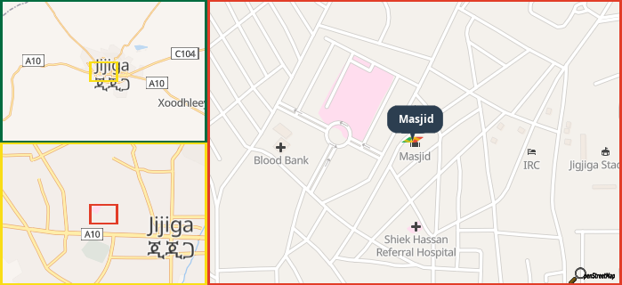 Map showing the address of Masjid in three different zoom levels.