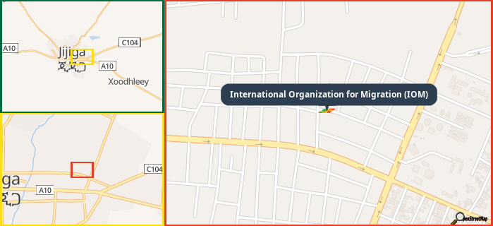 Map showing the address of International Organization for Migration (IOM) in three different zoom levels.