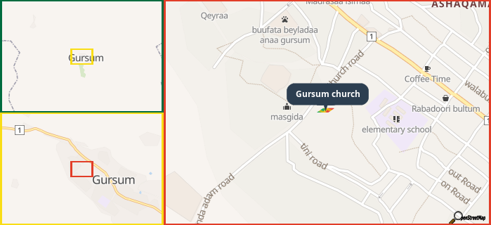 Map showing the address of Gursum church in three different zoom levels.