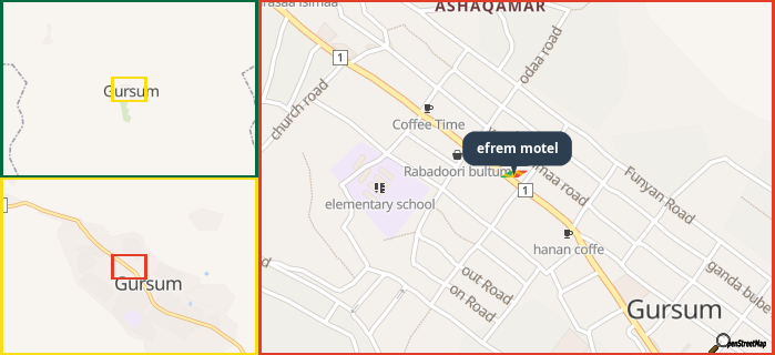 Map showing the address of efrem motel in three different zoom levels.