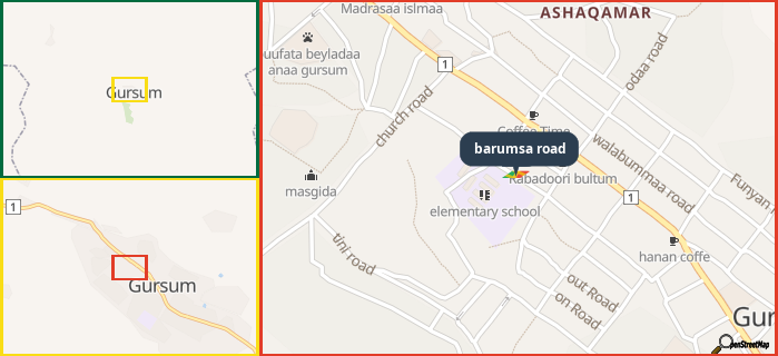 Map showing the address of barumsa road in three different zoom levels.
