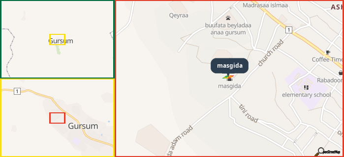 Map showing the address of masgida in three different zoom levels.