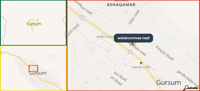 Map showing the address of walabummaa road in three different zoom levels.