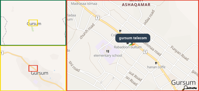Map showing the address of gursum telecom in three different zoom levels.