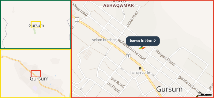 Map showing the address of karaa lukkuu2 in three different zoom levels.