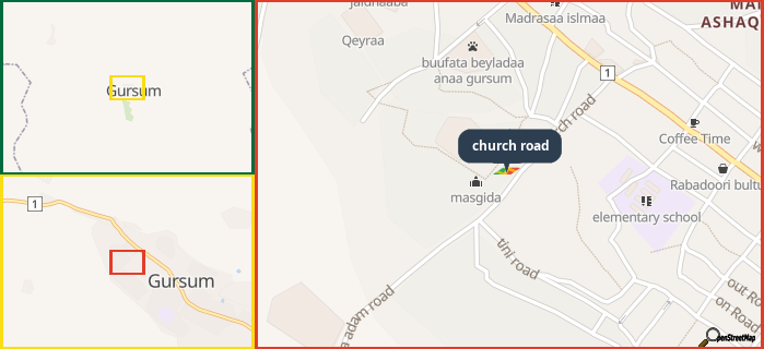 Map showing the address of church road in three different zoom levels.