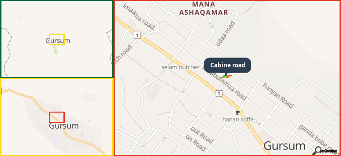 Map showing the address of Cabine road in three different zoom levels.