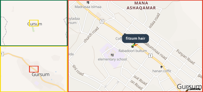 Map showing the address of fitsum hair in three different zoom levels.