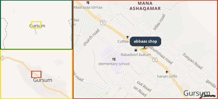 Map showing the address of abbaas shop in three different zoom levels.