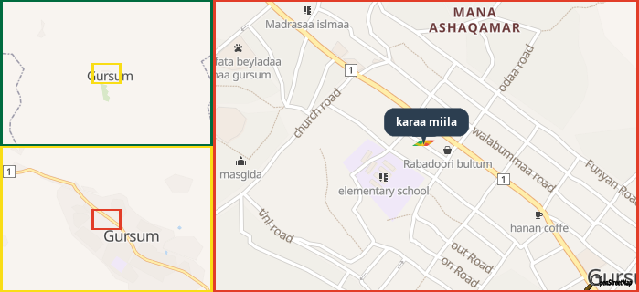 Map showing the address of karaa miila in three different zoom levels.