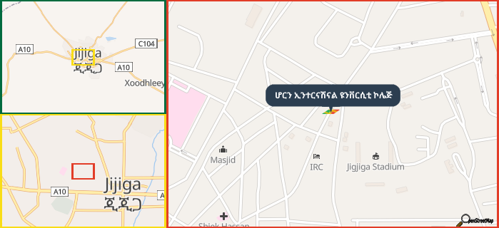 Map showing the address of ሆርን ኢንተርናሽናል ዩንቨርሲቲ ኮሌጅ in three different zoom levels.