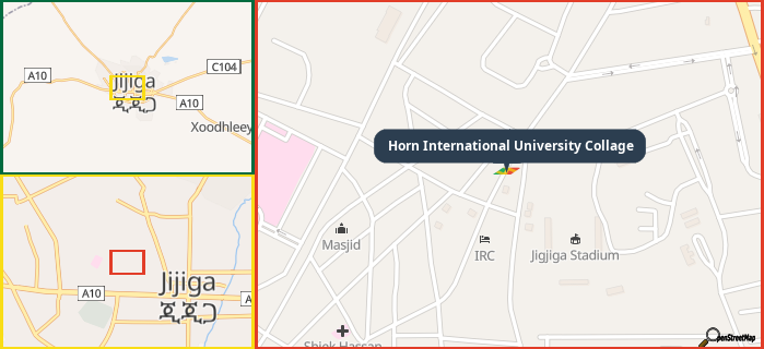 Map showing the address of Horn International University Collage in three different zoom levels.