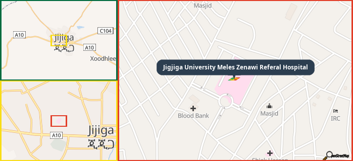 Map showing the address of Jigjiga University Meles Zenawi Referal Hospital in three different zoom levels.