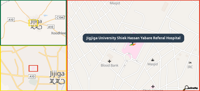 Map showing the address of Jigjiga University Shiek Hassan Yabare Referal Hospital in three different zoom levels.