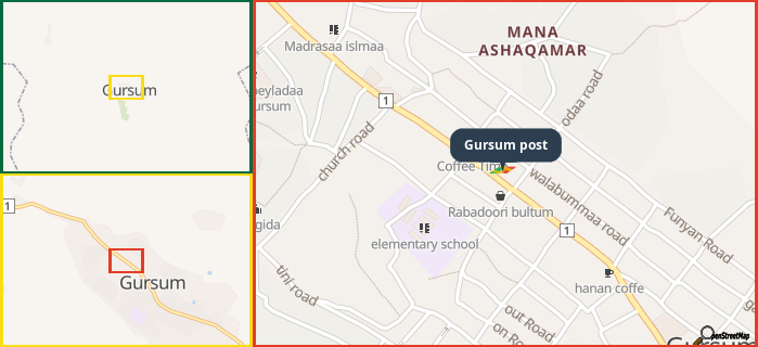 Map showing the address of Gursum post in three different zoom levels.
