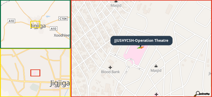 Map showing the address of JJUSHYCSH-Operation Theatre in three different zoom levels.