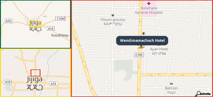 Map showing the address of Wendimamachoch Hotel in three different zoom levels.