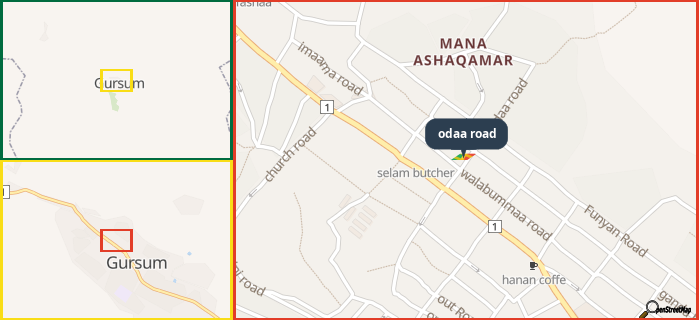 Map showing the address of odaa road in three different zoom levels.