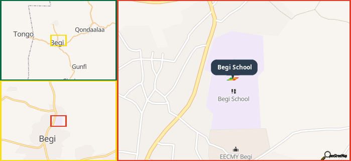 Map showing the address of Begi School in three different zoom levels.