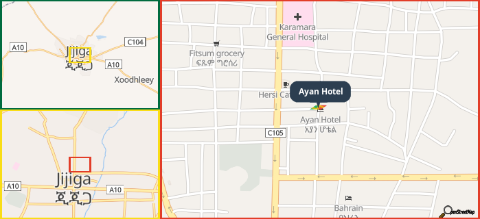 Map showing the address of Ayan Hotel in three different zoom levels.