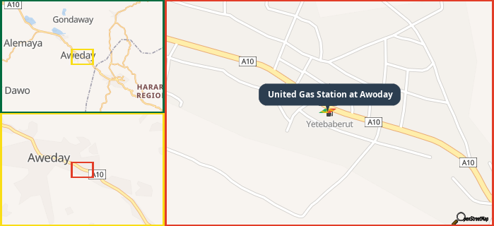 Map showing the address of United Gas Station at Awoday in three different zoom levels.