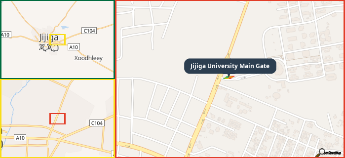 Map showing the address of Jijiga University Main Gate in three different zoom levels.