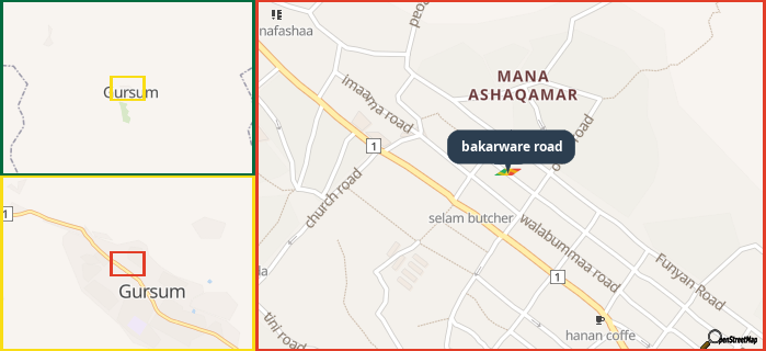 Map showing the address of bakarware road in three different zoom levels.