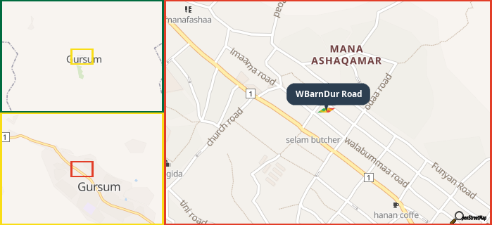 Map showing the address of WBarnDur Road in three different zoom levels.