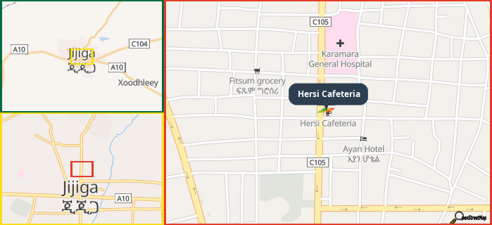 Map showing the address of Hersi Cafeteria in three different zoom levels.