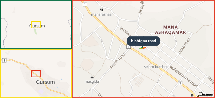 Map showing the address of bishigaa road in three different zoom levels.