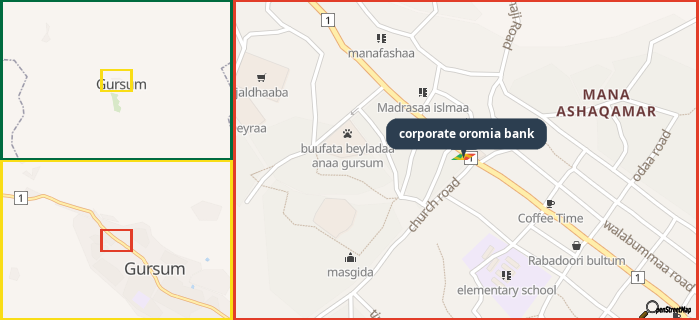 Map showing the address of corporate oromia bank in three different zoom levels.