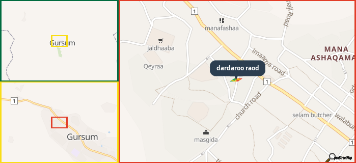 Map showing the address of dardaroo raod in three different zoom levels.