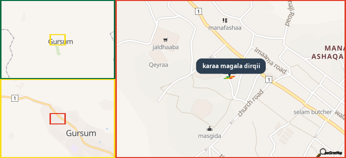Map showing the address of karaa magala dirqii in three different zoom levels.