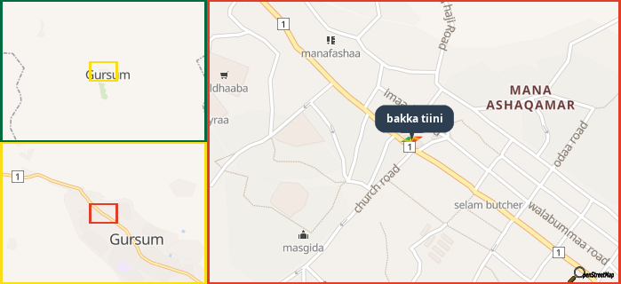 Map showing the address of bakka tiini in three different zoom levels.