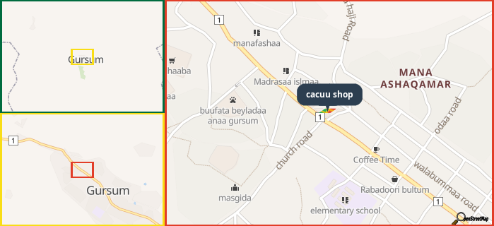 Map showing the address of cacuu shop in three different zoom levels.