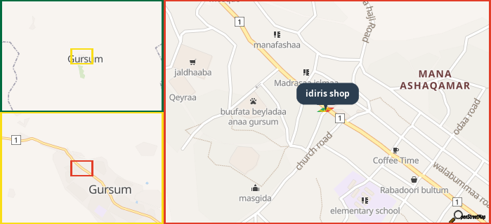 Map showing the address of idiris shop in three different zoom levels.