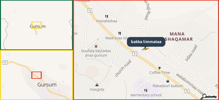Map showing the address of bakka limmataa in three different zoom levels.