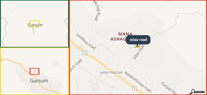 Map showing the address of odaa road in three different zoom levels.