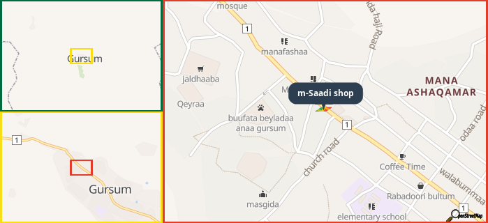 Map showing the address of m-Saadi shop in three different zoom levels.