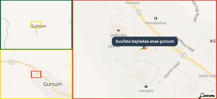 Map showing the address of buufata beyladaa anaa gursum in three different zoom levels.