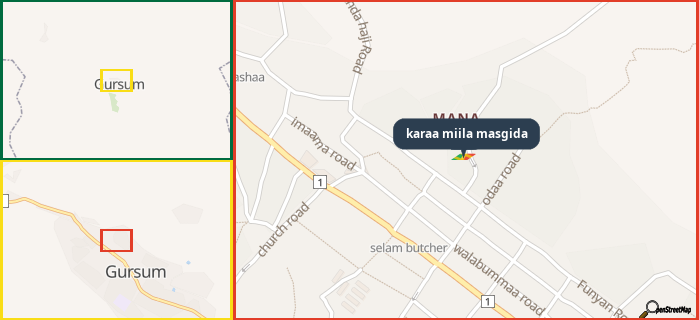 Map showing the address of karaa miila masgida in three different zoom levels.