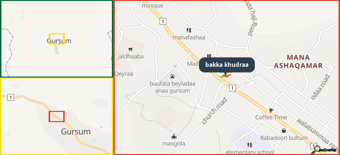 Map showing the address of bakka khudraa in three different zoom levels.